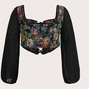 Corset front- black brocade- cropped peasant top - size 4X